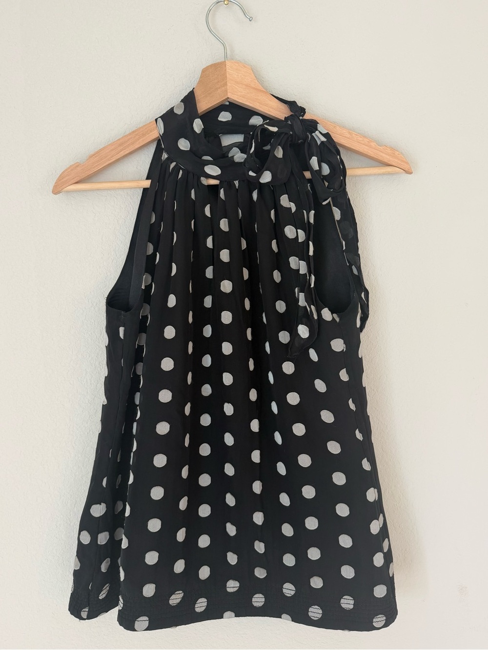 White House Black Market Black and White Polka Dot Tie-Neck Sleeveless Top
